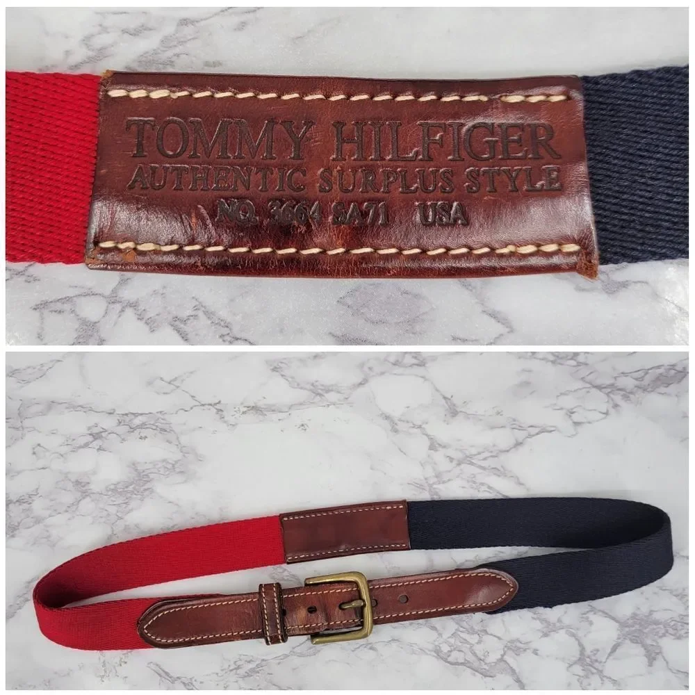 Tommy Hilfiger Vintage 90s Belt Red Blue Brown Leather Surplus Mens Size 32 USA